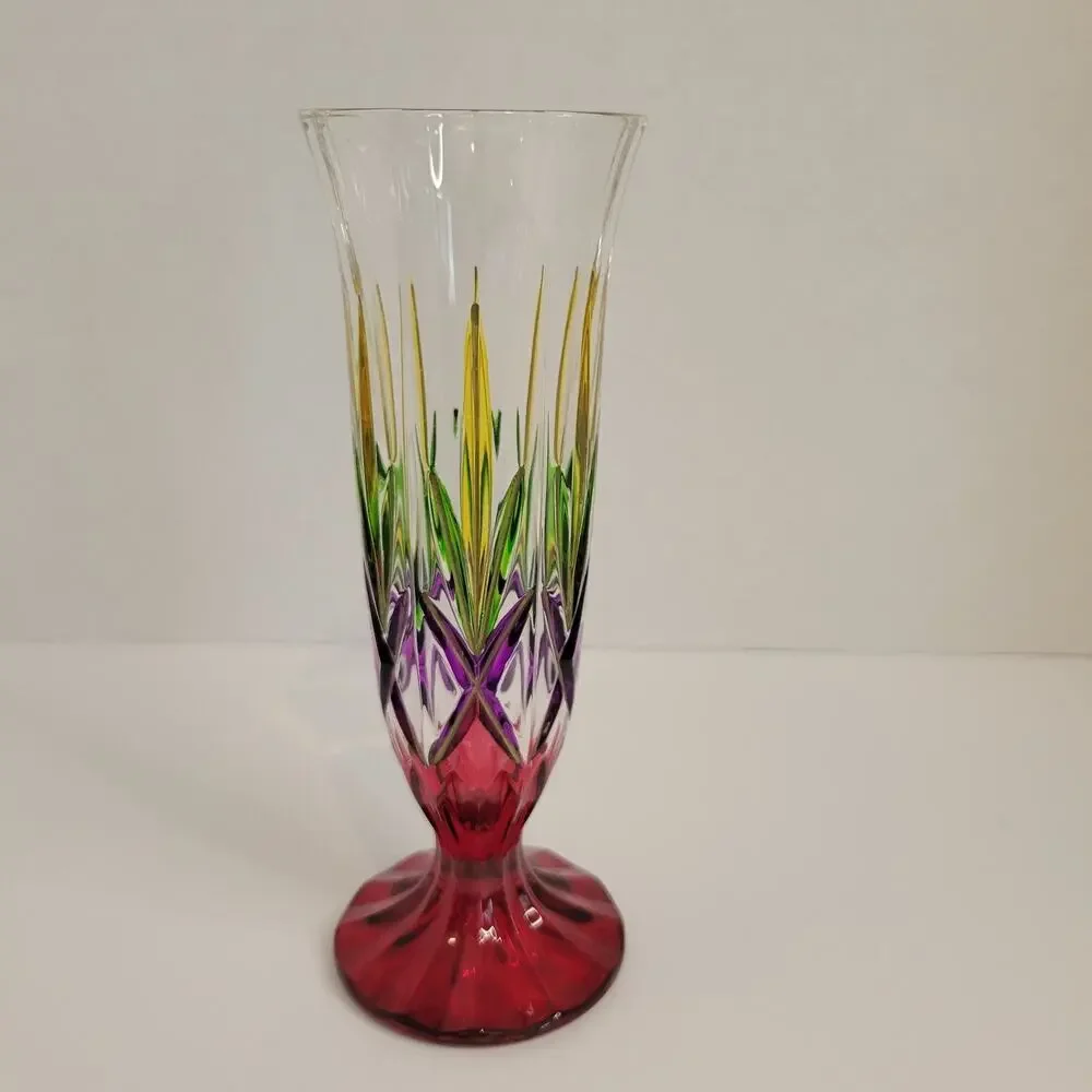 Rainbow Multicolor Art Glass Vase – Heavy, Hand‑Cut, Gold Accents – Unmarked